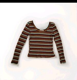 Contempo Casuals Top Striped Ribbed Scoop Neck LS Stretch Crop Multicolor